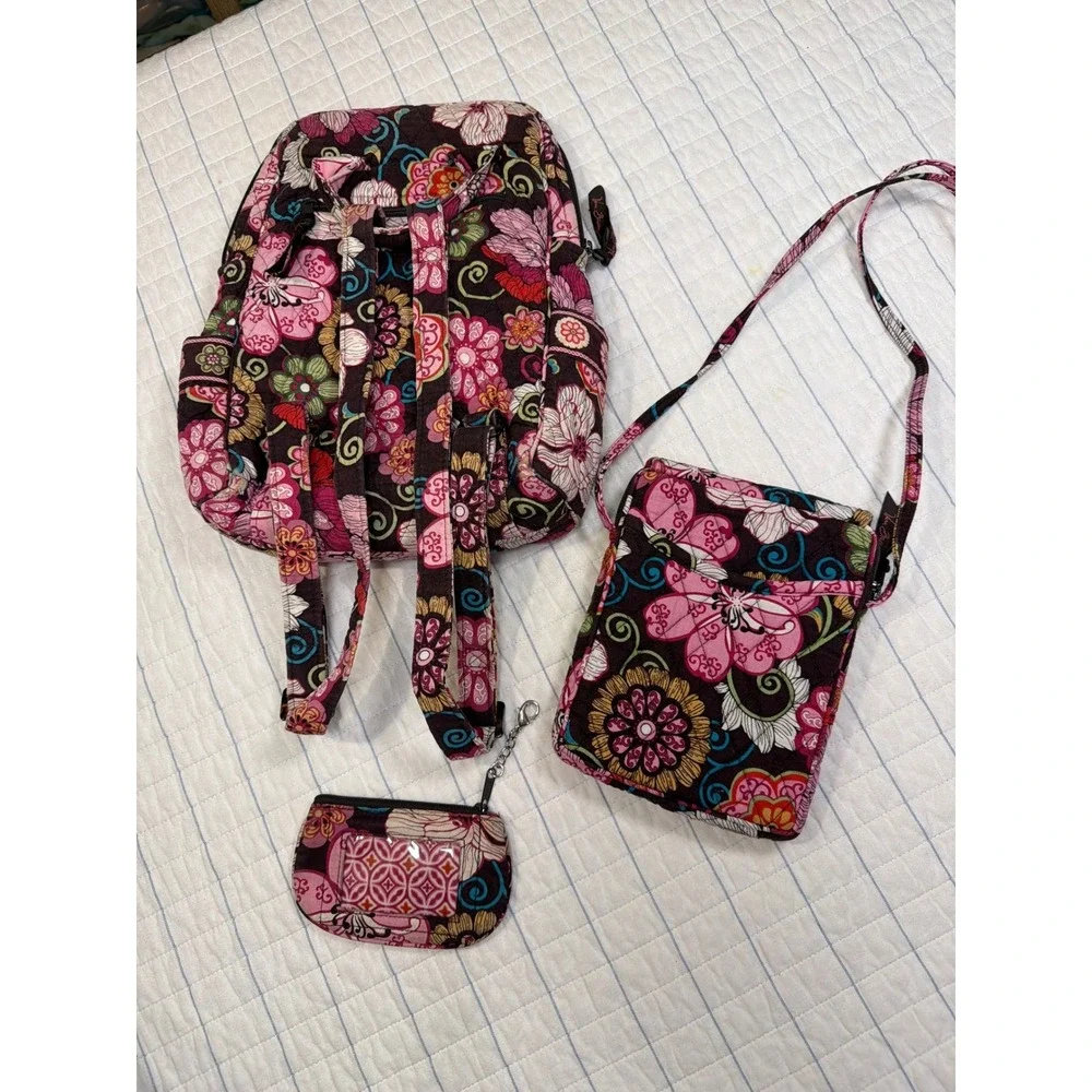 Vera‎ Bradley 3 Pc Retired Floral Set Campus Backpack Crossbody Coin Purse EUC
